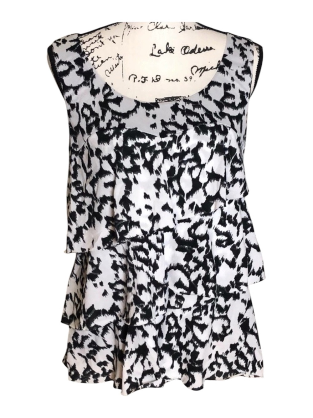 Women’s Black White Abstract Floral Print Sleeveless Ruffle Peplum Top Size L